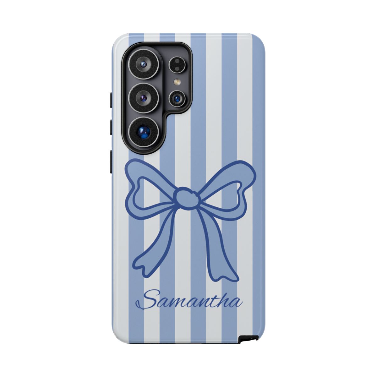Aesthetic blue ribbon phone case with personalized script text on a classic striped background.