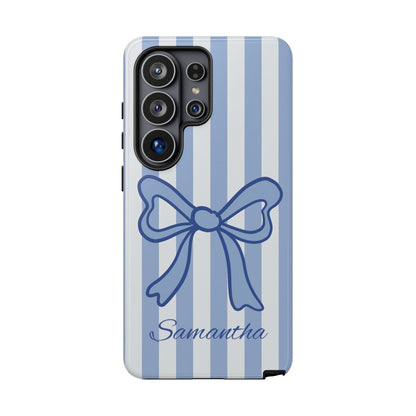 Aesthetic blue ribbon phone case with personalized script text on a classic striped background.