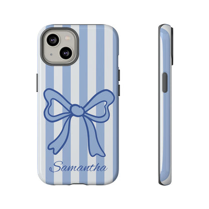 Personalized Coquette Bow Phone Case – Blue Striped Preppy Ribbon Aesthetic