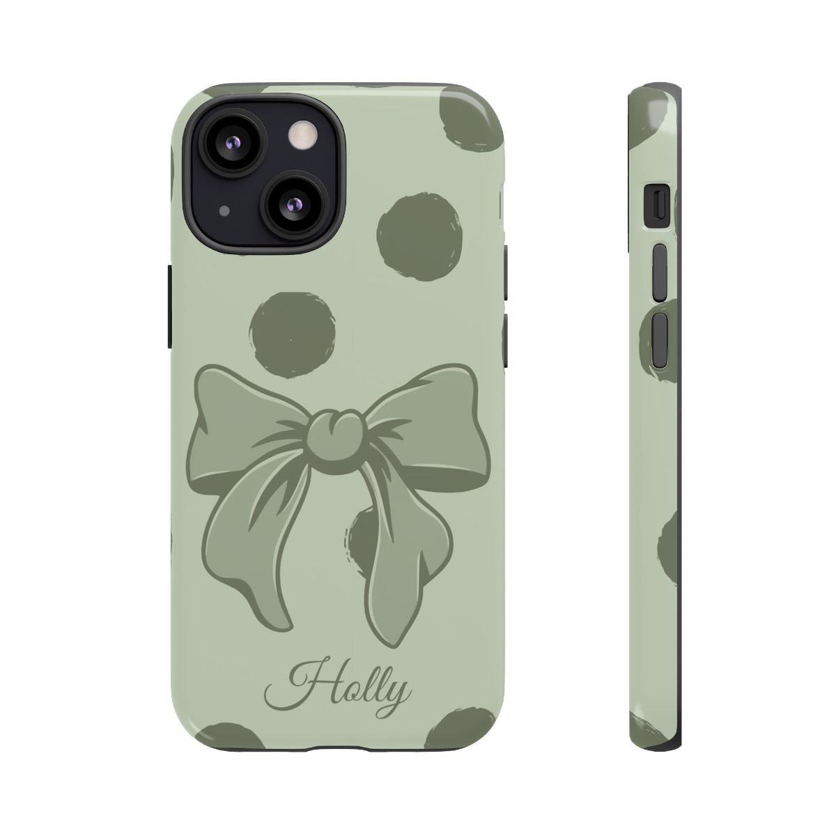 Personalized Sage Green Polka Dot Bow Phone Case – Custom Name Coquette Aesthetic