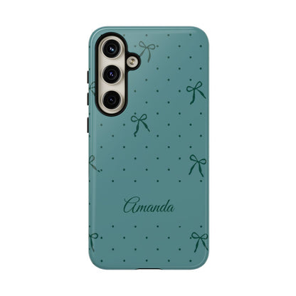 Personalized Teal Bow Phone Case – Custom Name Coquette Polka Dot Aesthetic