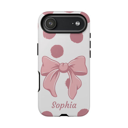 Personalized Pink Polka Dot Bow Phone Case – Custom Name Coquette Aesthetic