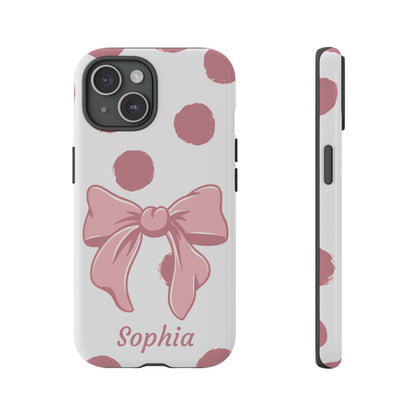 Personalized Pink Polka Dot Bow Phone Case – Custom Name Coquette Aesthetic