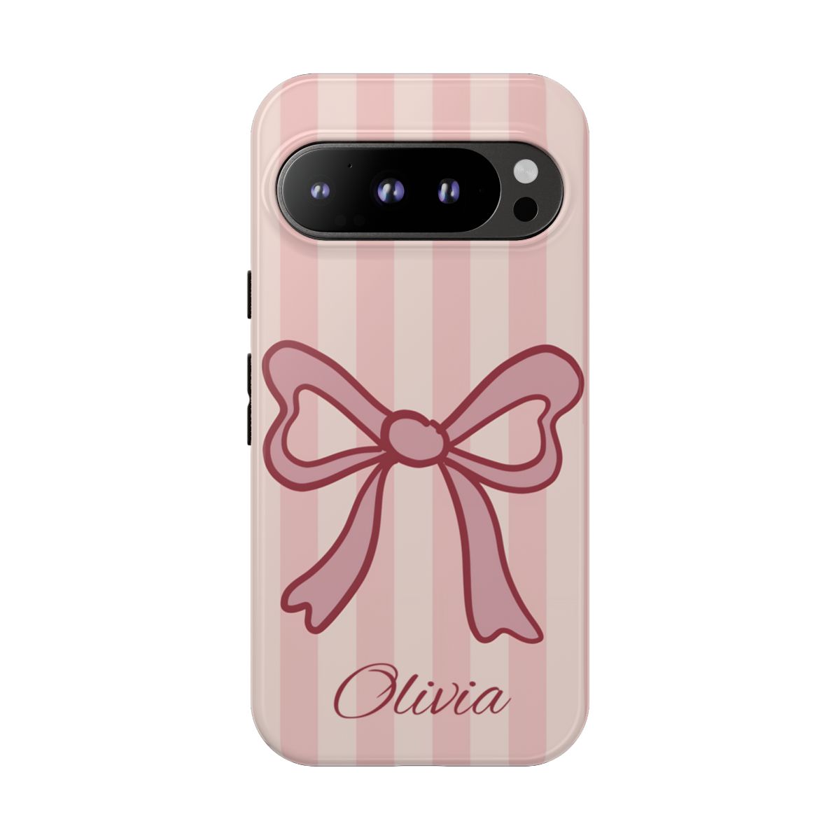 Personalized Pink Bow Phone Case – Soft Pastel Striped Coquette Aesthetic