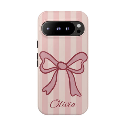 Personalized Pink Bow Phone Case – Soft Pastel Striped Coquette Aesthetic