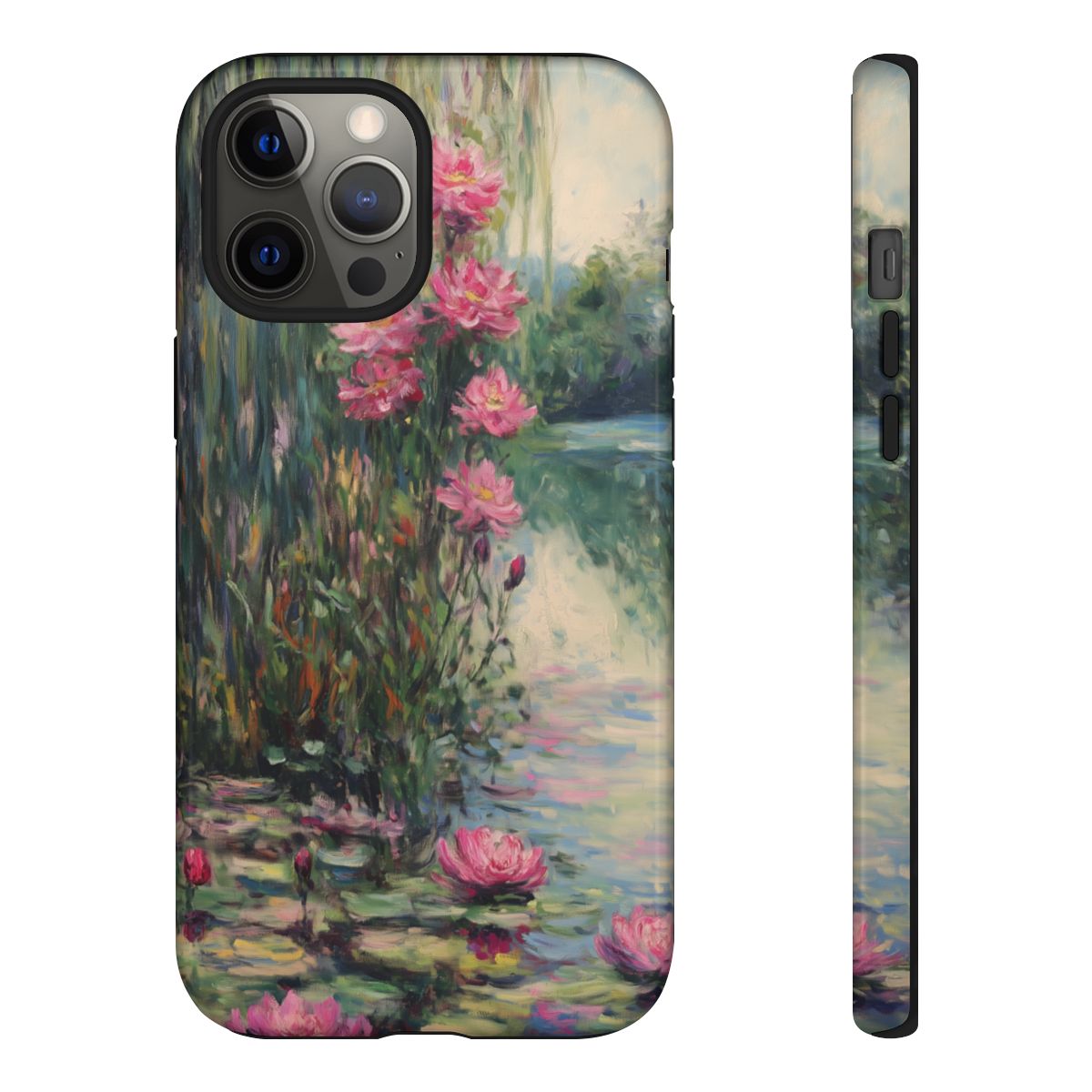 Close-up of an impressionist floral phone case inspired by Monet's "Water Lilies" with vibrant pink and teal textures.