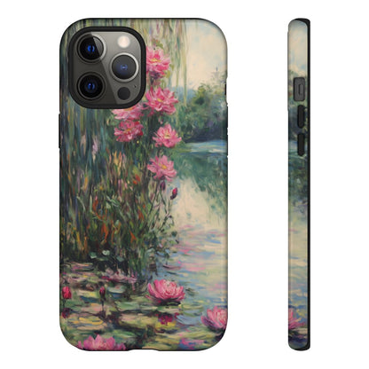 Close-up of an impressionist floral phone case inspired by Monet's "Water Lilies" with vibrant pink and teal textures.