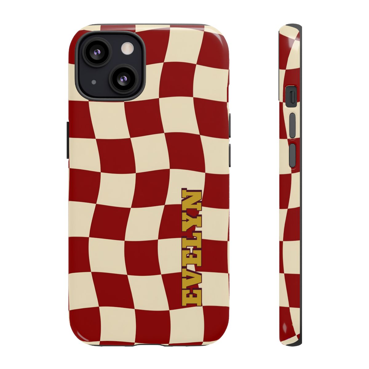 Personalized Burgundy Checkered Phone Case – Custom Name Wavy Retro Aesthetic