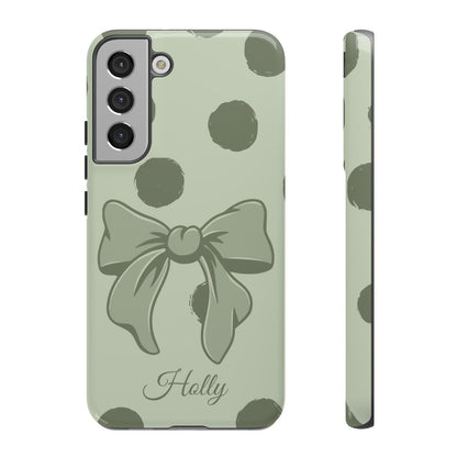 Personalized Sage Green Polka Dot Bow Phone Case – Custom Name Coquette Aesthetic