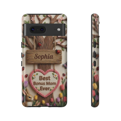 Personalized Bonus Mom Phone Case – Custom Name Clay Spring Garden Aesthetic
