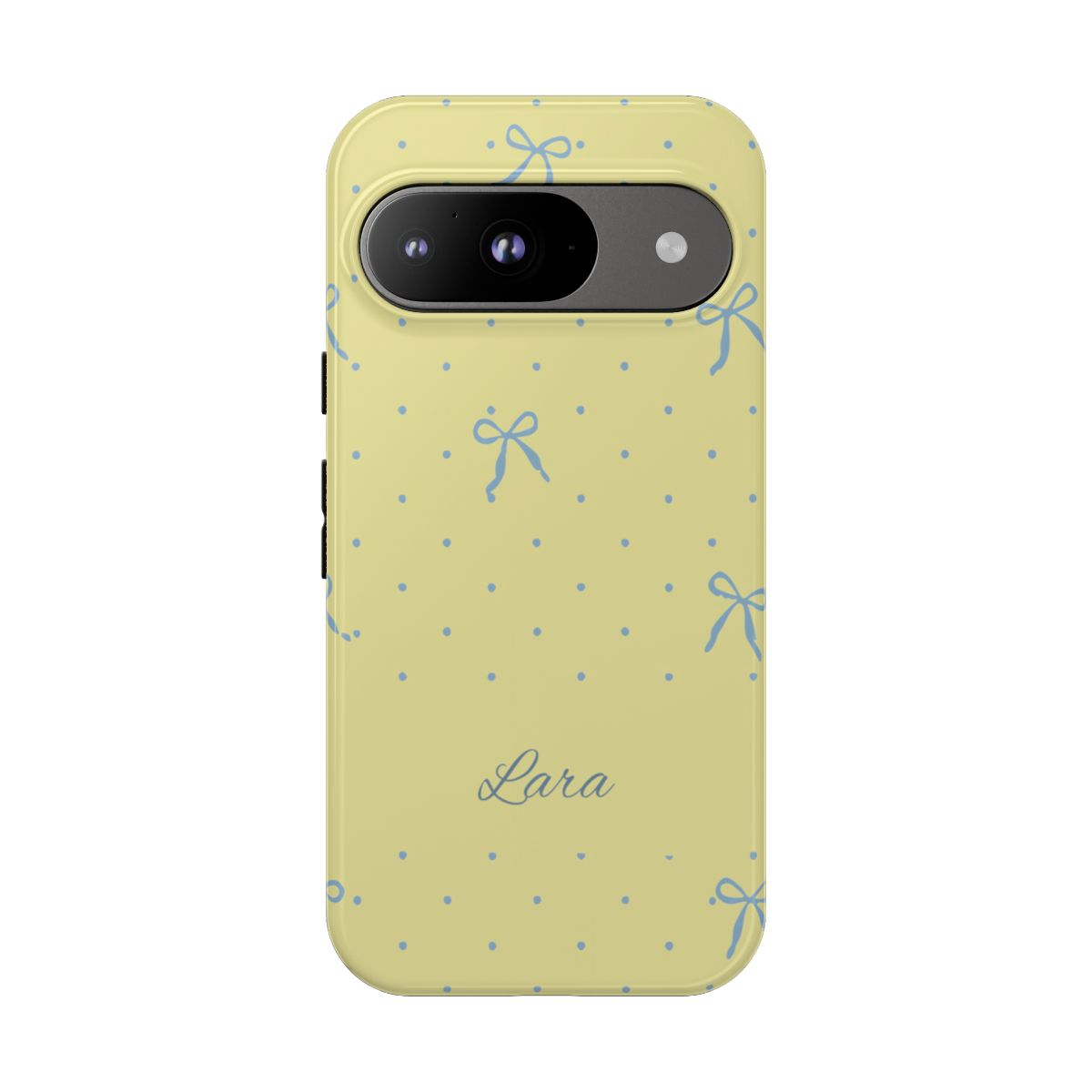 Personalized Yellow Bow Phone Case – Custom Name Blue Polka Dot Aesthetic