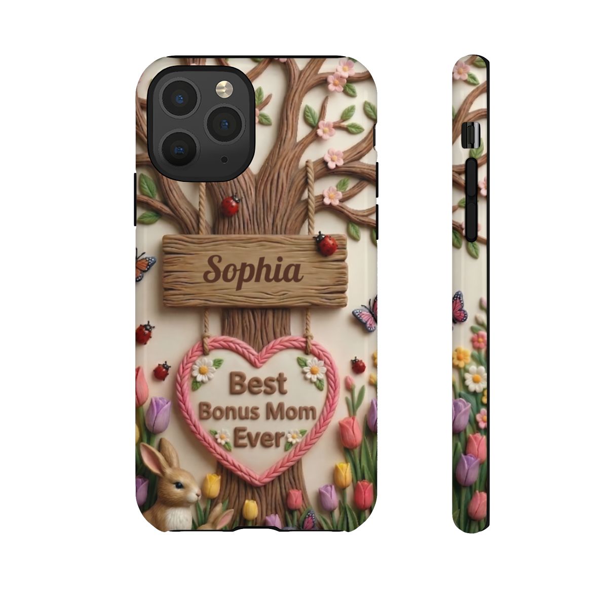 Personalized Bonus Mom Phone Case – Custom Name Clay Spring Garden Aesthetic