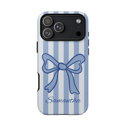 Personalized Coquette Bow Phone Case – Blue Striped Preppy Ribbon Aesthetic