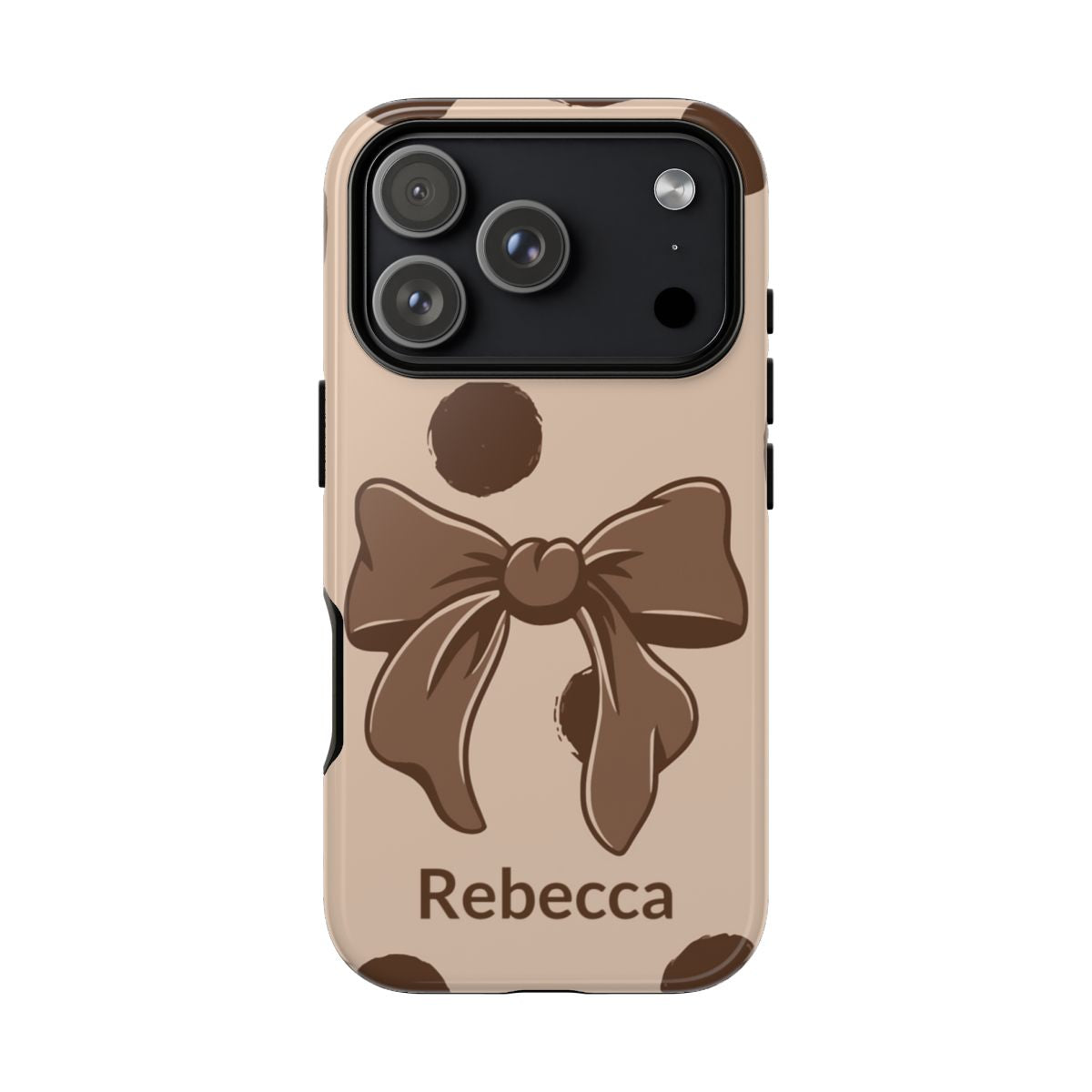 Personalized brown polka dot bow phone case with custom name – coquette retro aesthetic gift for her