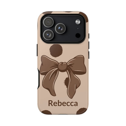 Personalized brown polka dot bow phone case with custom name – coquette retro aesthetic gift for her