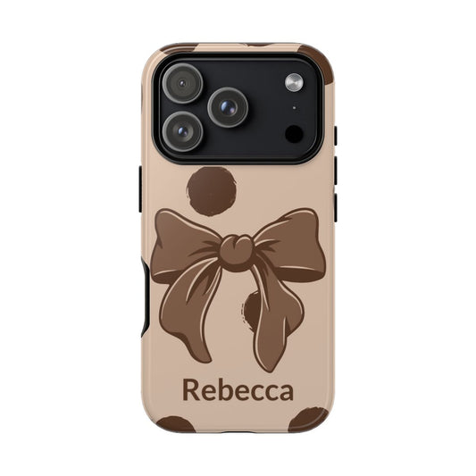 Personalized brown polka dot bow phone case with custom name – coquette retro aesthetic gift for her