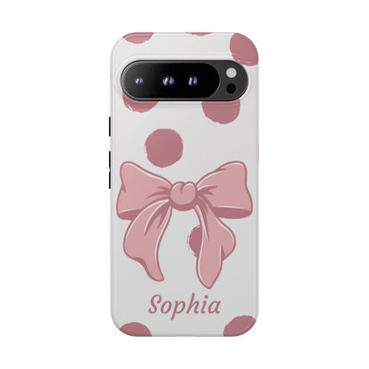 Personalized Pink Polka Dot Bow Phone Case – Custom Name Coquette Aesthetic
