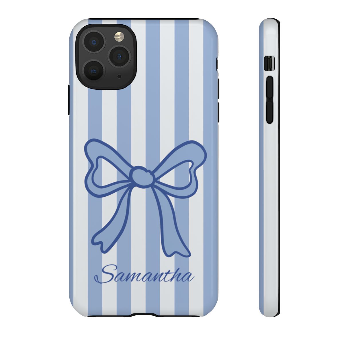 Personalized Coquette Bow Phone Case – Blue Striped Preppy Ribbon Aesthetic