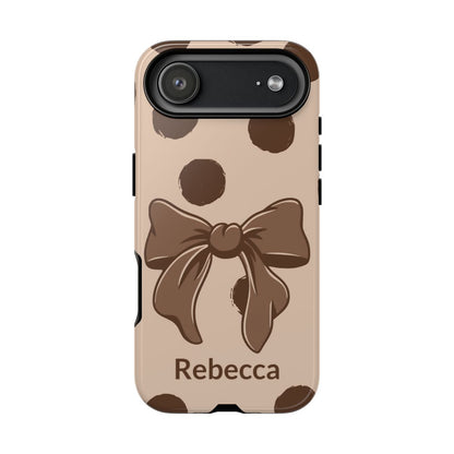 Personalized Brown Polka Dot Bow Phone Case – Custom Name Coquette Retro Aesthetic