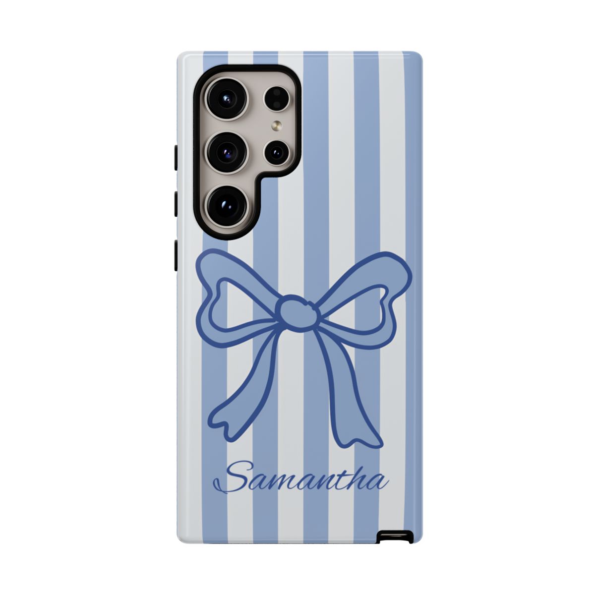 Personalized Coquette Bow Phone Case – Blue Striped Preppy Ribbon Aesthetic