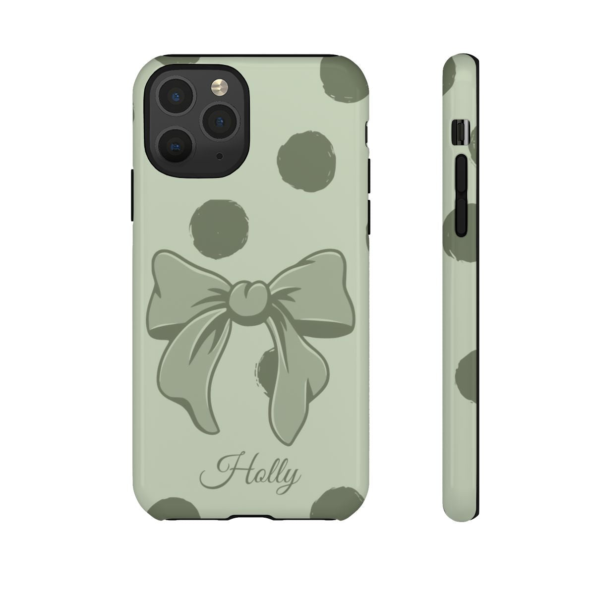 Personalized Sage Green Polka Dot Bow Phone Case – Custom Name Coquette Aesthetic