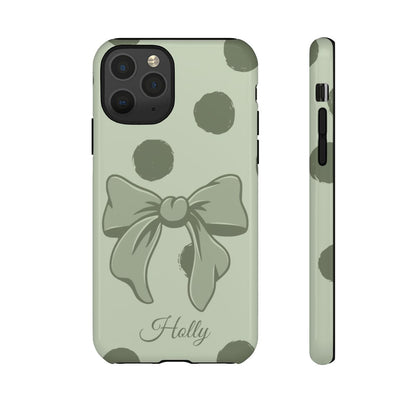 Personalized Sage Green Polka Dot Bow Phone Case – Custom Name Coquette Aesthetic
