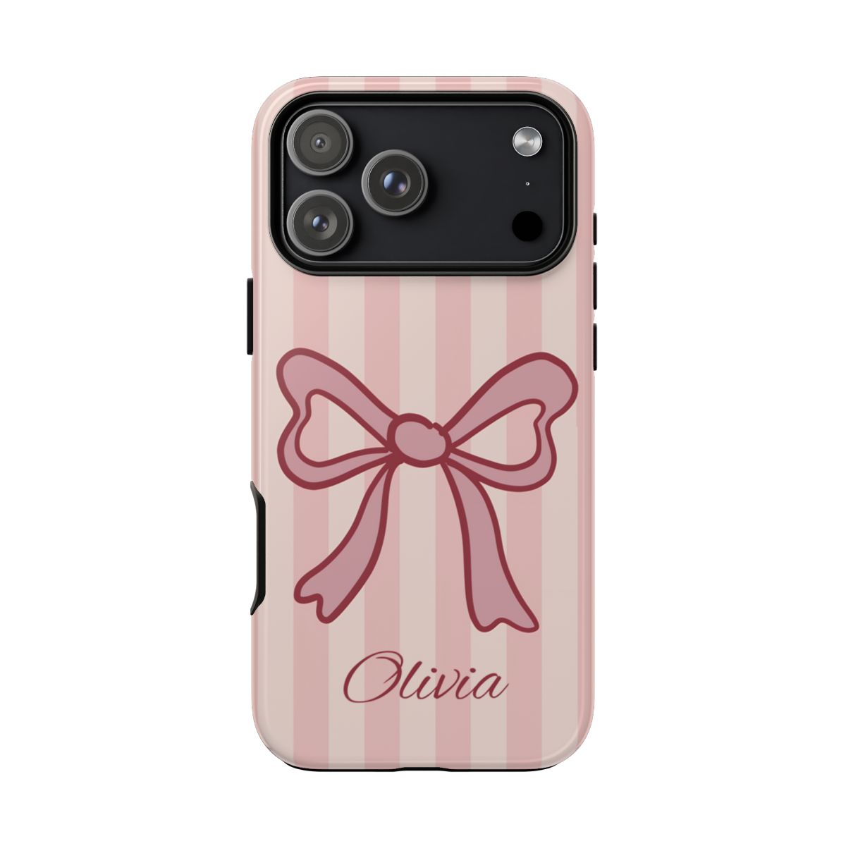 Personalized pink coquette bow phone case with the custom name  on a soft striped background.