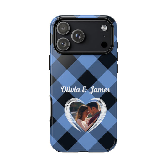 Personalized Blue Plaid Phone Case - Custom Photo & Name