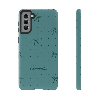 Personalized Teal Bow Phone Case – Custom Name Coquette Polka Dot Aesthetic