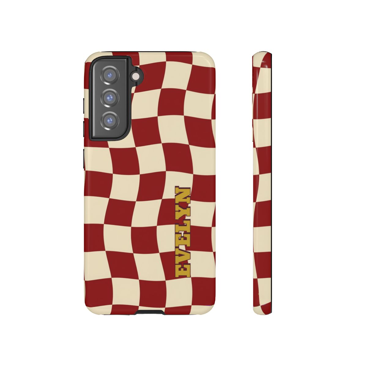 Personalized Burgundy Checkered Phone Case – Custom Name Wavy Retro Aesthetic