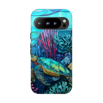 Stained Glass Turtle Phone Case – Coastal Blue Ocean Mosaic Aesthetic