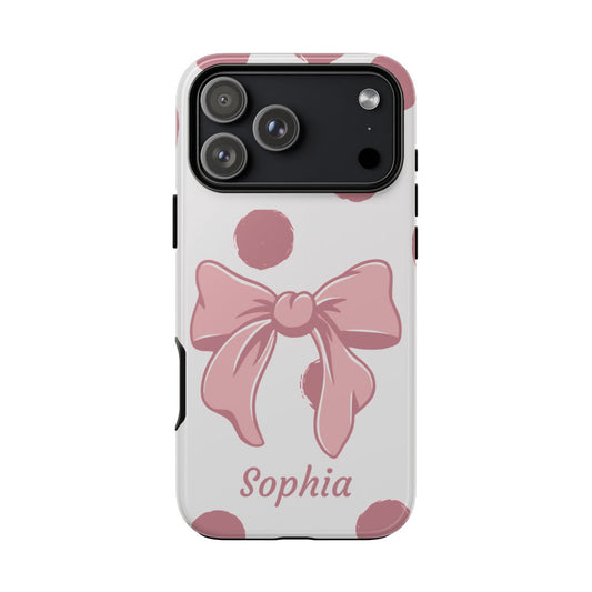 Personalized pink polka dot bow phone case with custom name – soft coquette aesthetic gift for her