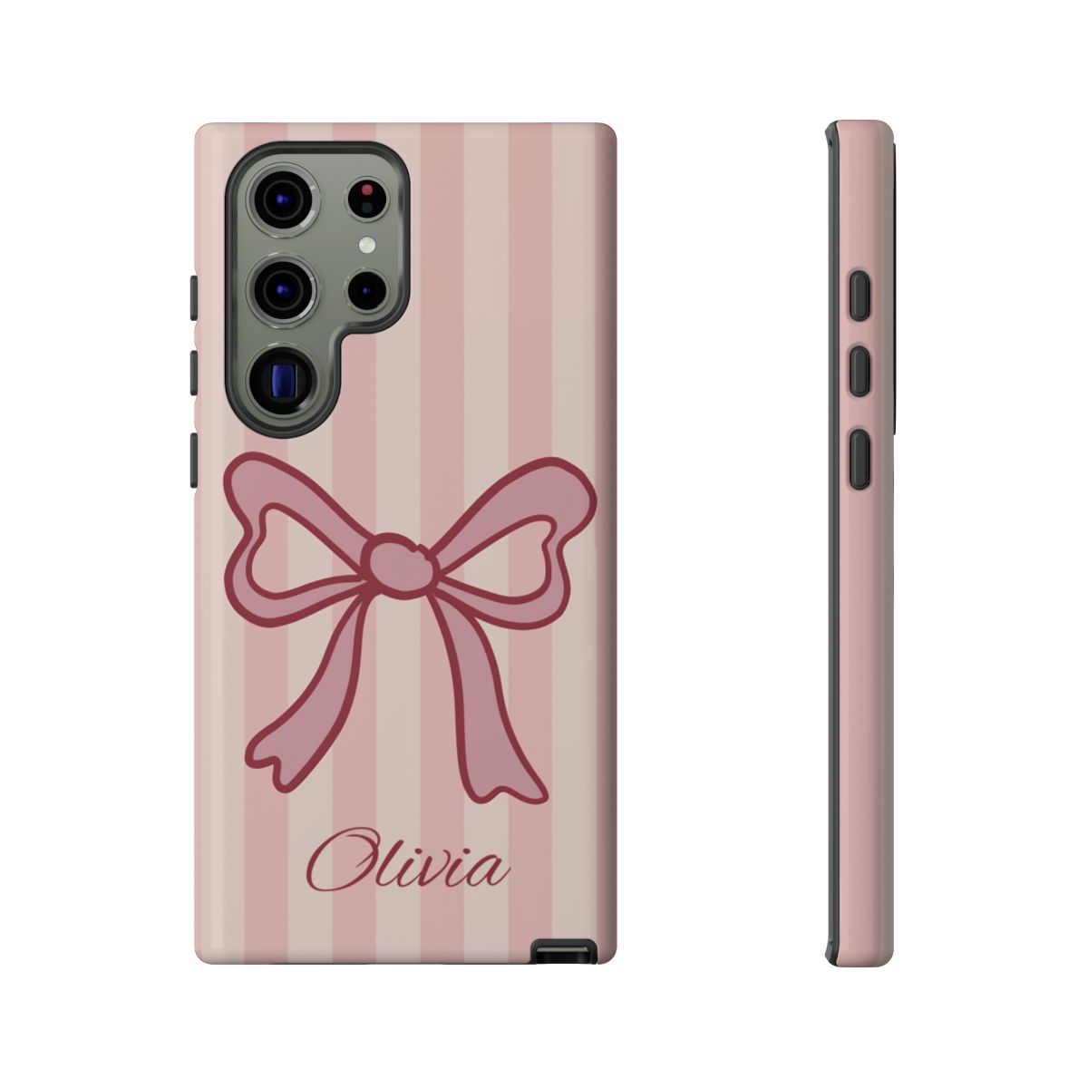 Personalized Pink Bow Phone Case – Soft Pastel Striped Coquette Aesthetic