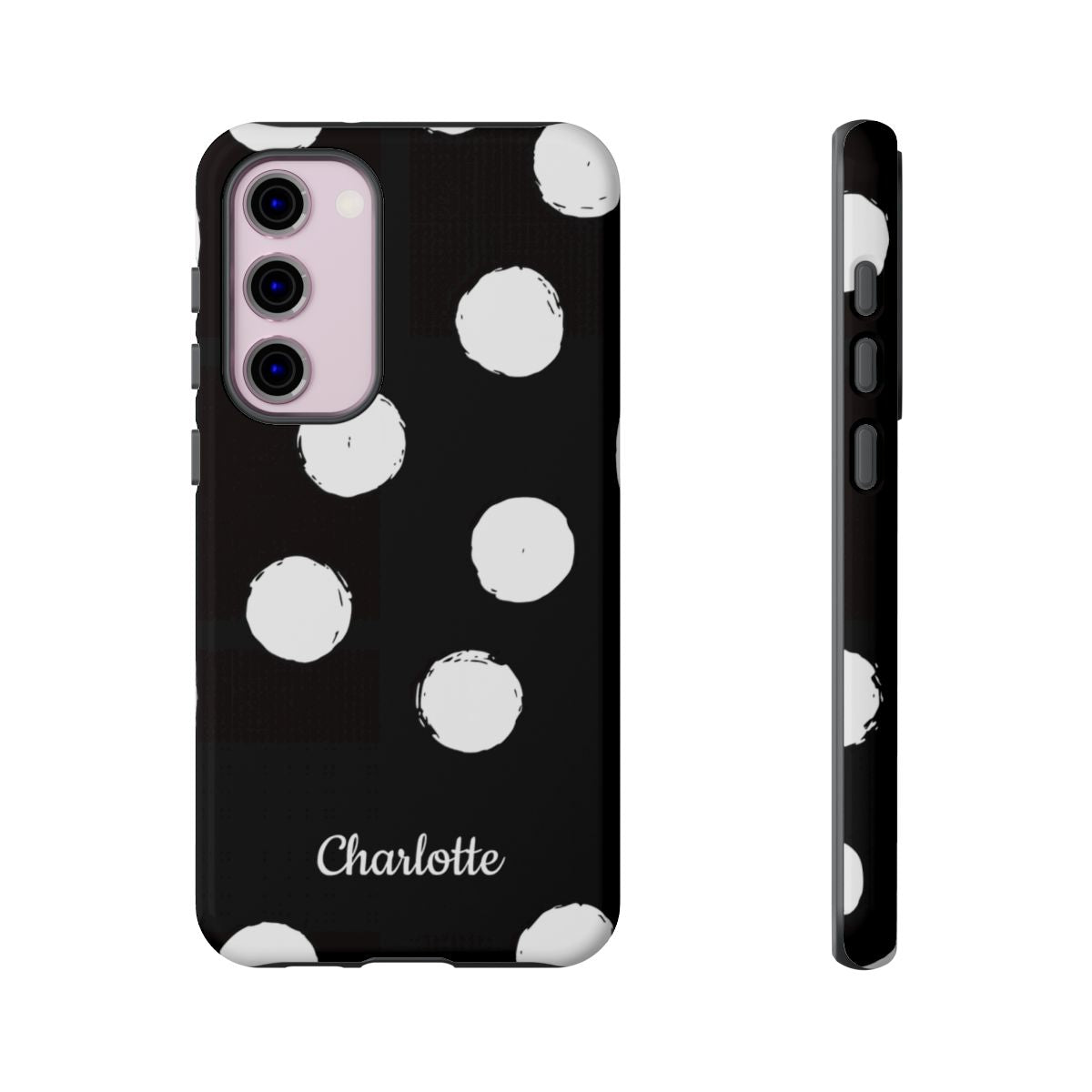 Personalized Black Polka Dot Phone Case – Custom Name Bold Monochrome Aesthetic