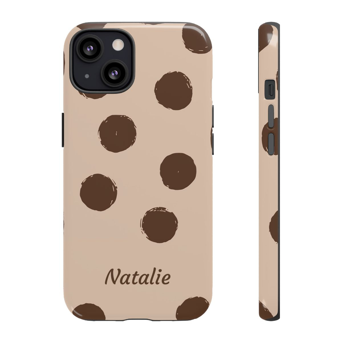 Personalized Brown Polka Dot Phone Case – Custom Name Neutral Boho Aesthetic