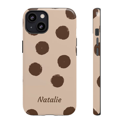 Personalized Brown Polka Dot Phone Case – Custom Name Neutral Boho Aesthetic