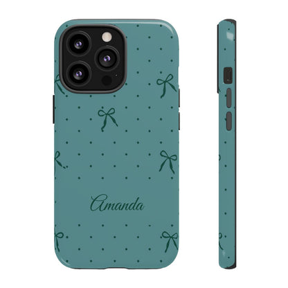Personalized Teal Bow Phone Case – Custom Name Coquette Polka Dot Aesthetic