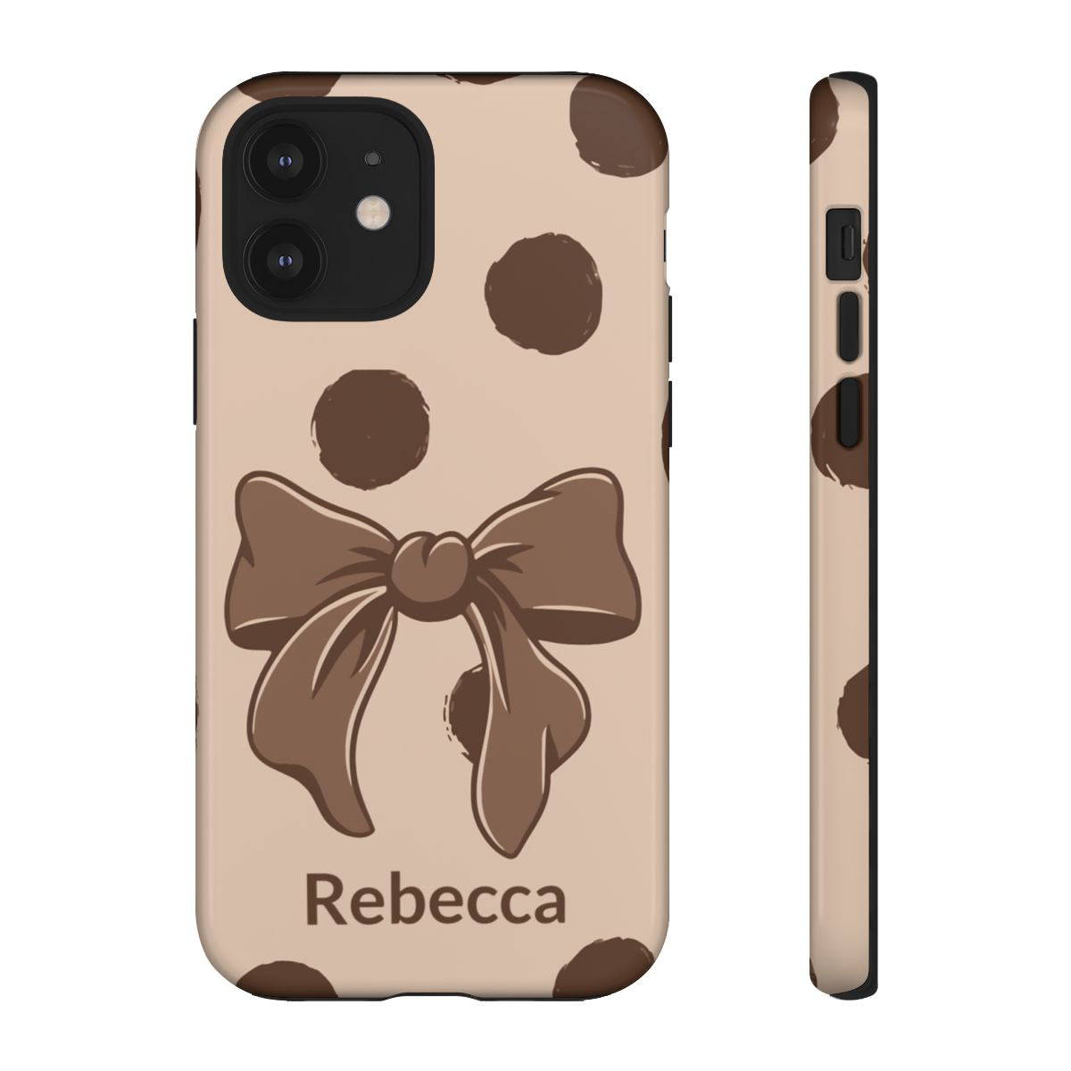 Personalized Brown Polka Dot Bow Phone Case – Custom Name Coquette Retro Aesthetic