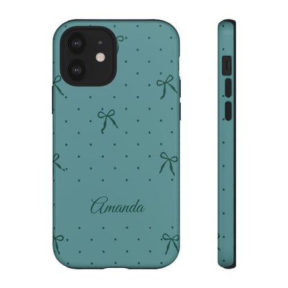 Personalized Teal Bow Phone Case – Custom Name Coquette Polka Dot Aesthetic