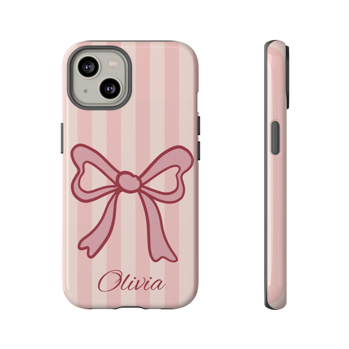 Personalized Pink Bow Phone Case – Soft Pastel Striped Coquette Aesthetic
