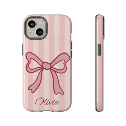 Personalized Pink Bow Phone Case – Soft Pastel Striped Coquette Aesthetic