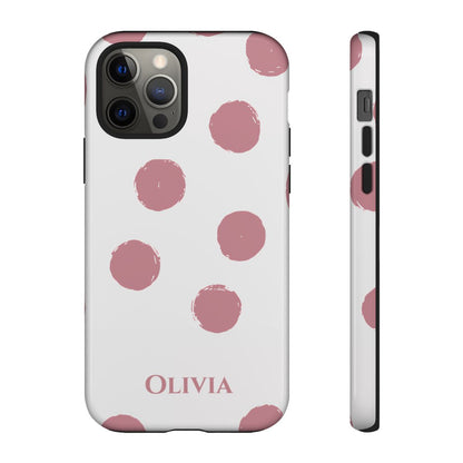 Personalized Pink Polka Dot Phone Case – Custom Name White Blush Aesthetic