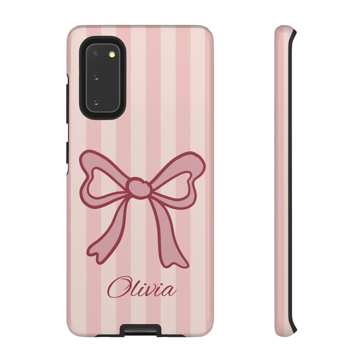 Personalized Pink Bow Phone Case – Soft Pastel Striped Coquette Aesthetic