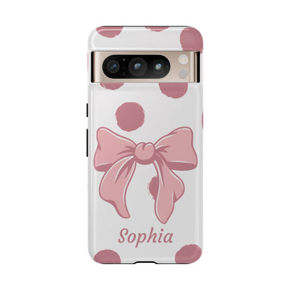 Personalized Pink Polka Dot Bow Phone Case – Custom Name Coquette Aesthetic