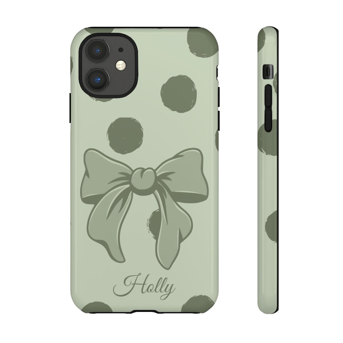 Personalized Sage Green Polka Dot Bow Phone Case – Custom Name Coquette Aesthetic