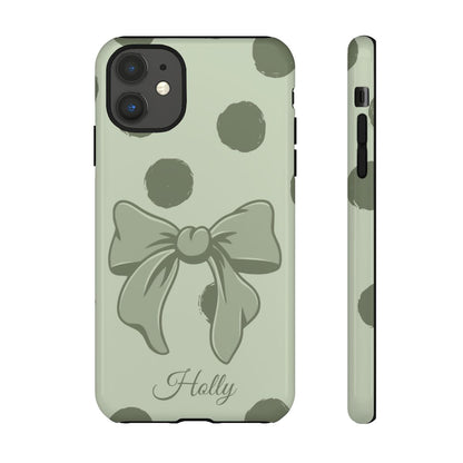 Personalized Sage Green Polka Dot Bow Phone Case – Custom Name Coquette Aesthetic