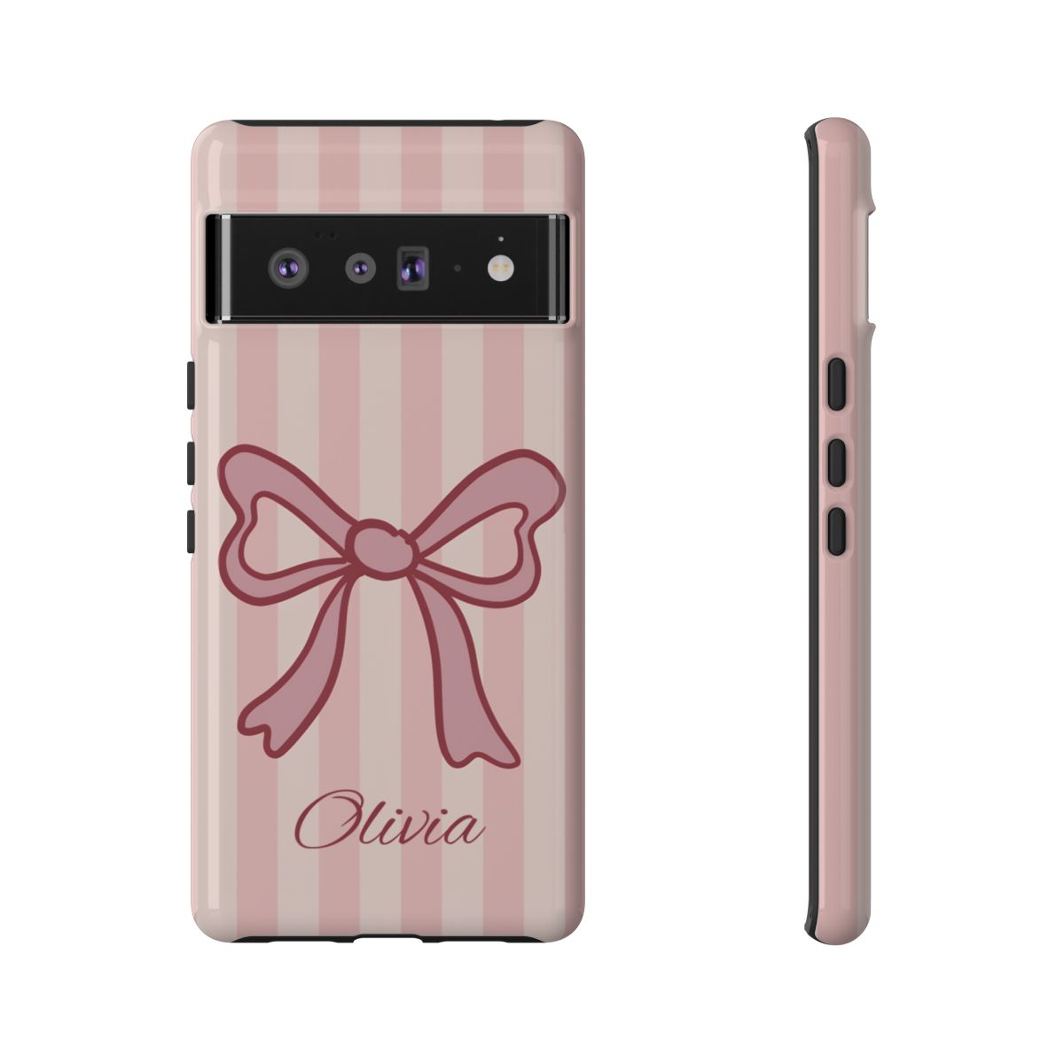 Personalized Pink Bow Phone Case – Soft Pastel Striped Coquette Aesthetic