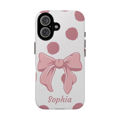 Personalized Pink Polka Dot Bow Phone Case – Custom Name Coquette Aesthetic