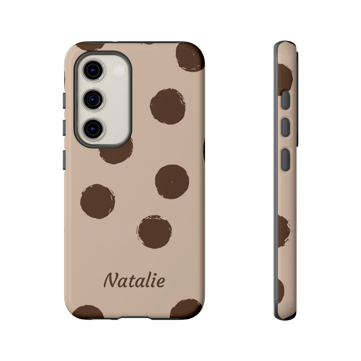 Personalized Brown Polka Dot Phone Case – Custom Name Neutral Boho Aesthetic