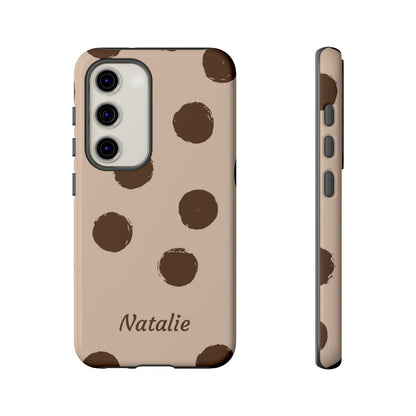 Personalized Brown Polka Dot Phone Case – Custom Name Neutral Boho Aesthetic